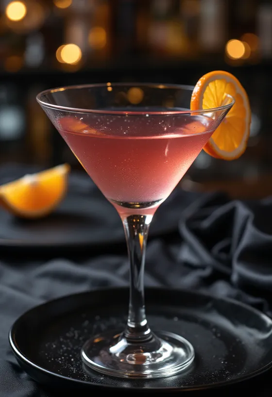 Cosmopolitan cocktail dekorerad med apelsinskal