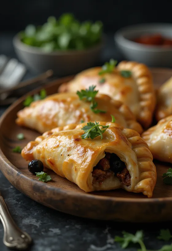 Gyllenbrun empanada med nötfärs och oliver