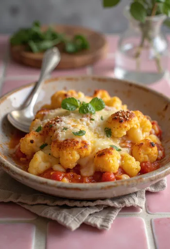Parmigiana med rostad blomkål, varvad med aubergine, tomatsås och smält ost