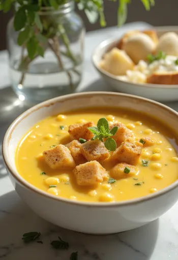 Gulärtsoppa serverad med rökt korv och färsk persilja