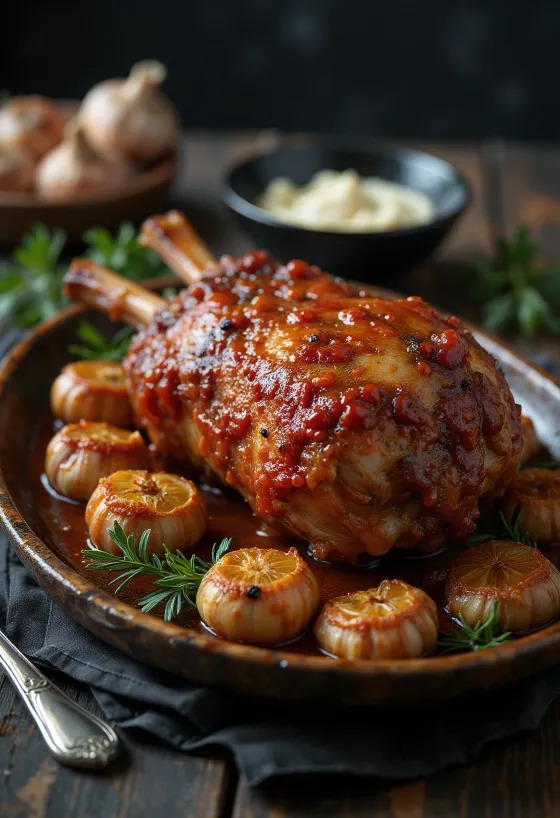 Ugnsstekt lamm med ajvar, färsk persilja och stekt potatis