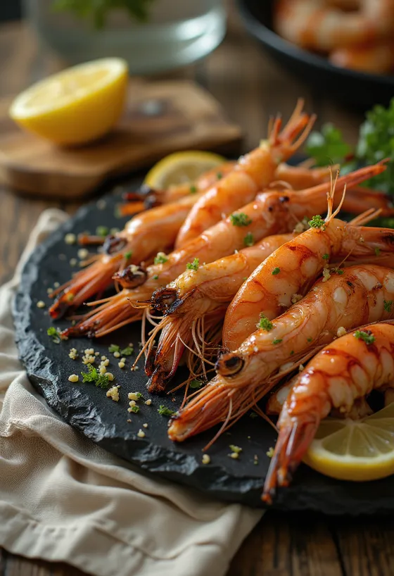 BBQ-grillade kungsräkor serverade