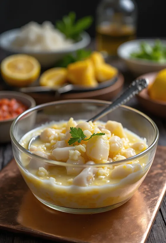 Ceviche med Leche de Tigre serverad med limejuice och avokado
