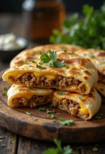 Haggis quesadilla, krispig tortilla stekt gyllenbrun, fylld med grönsaker och ost