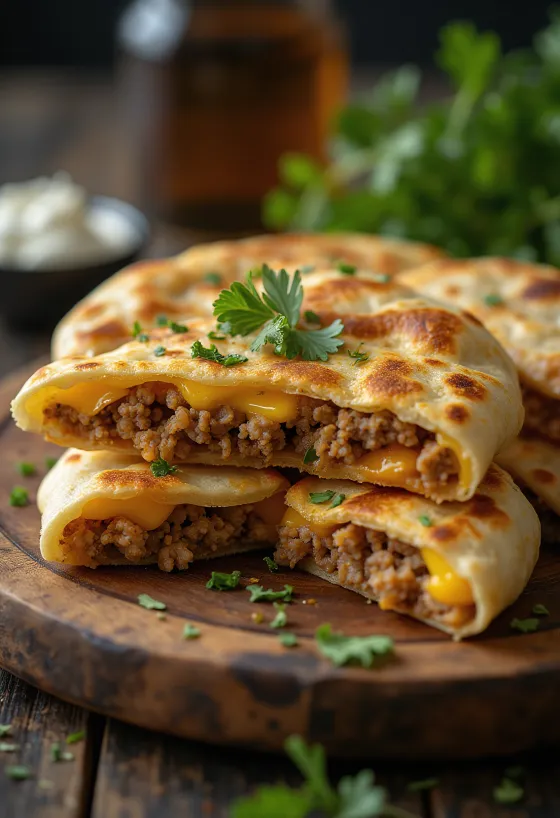 Haggis quesadilla, krispig tortilla stekt gyllenbrun, fylld med grönsaker och ost