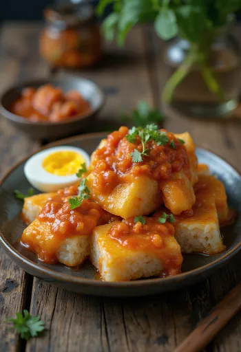 Lontong med sambalsås, serverad med färskt ägg