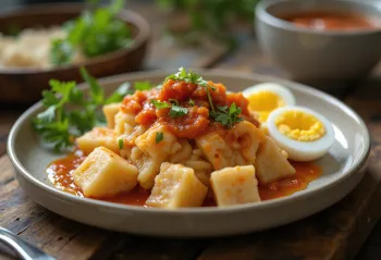 Lontong med sambalsås, serverad med färskt ägg