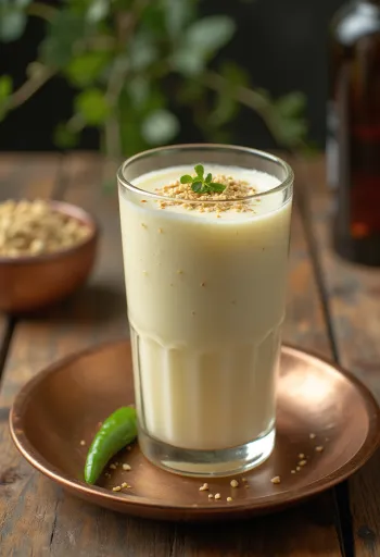 Masala lassi dekorerad med färsk koriander, kryddig yoghurtdryck