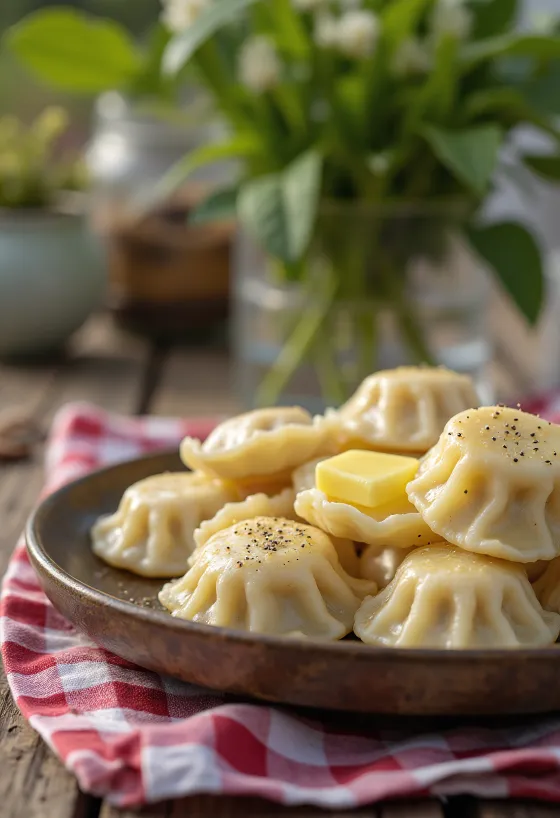 Sibiriska pelmeni serverad med gräddfil