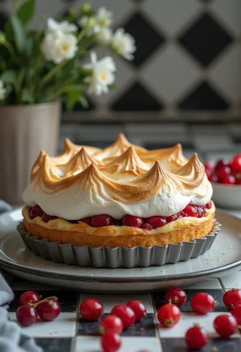 Vinbärsmarängtårta serverad