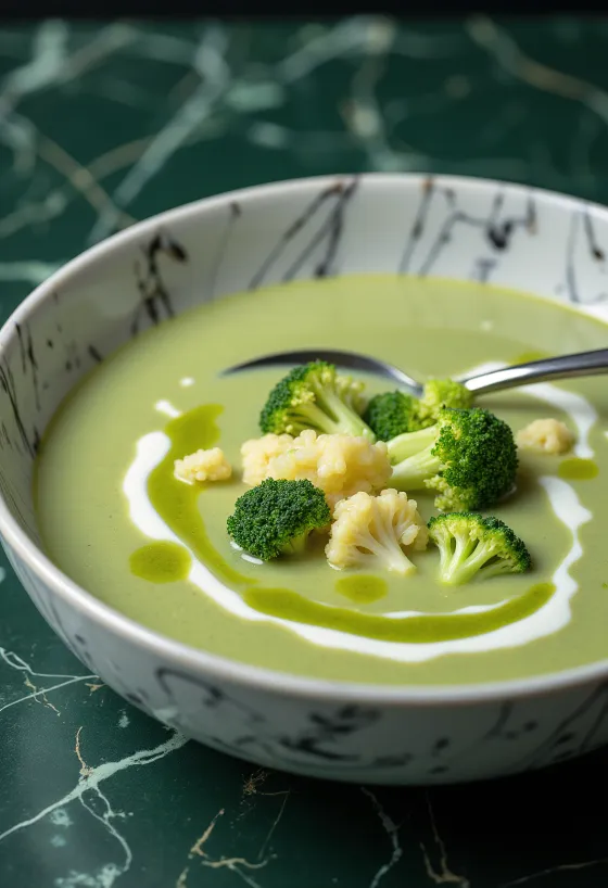 Gräddig broccoli- och blomkålssoppa serverad