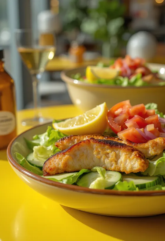 Fräsch kycklingsallad med krispiga grönsaker och grillad kycklingfilé, med balsamvinägrett.