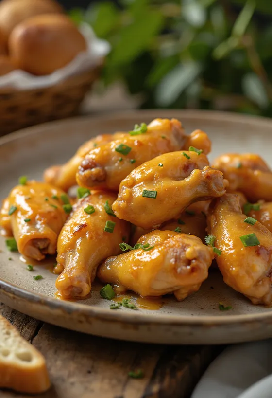 Kycklingvingar med honungs- och senapssås serverad