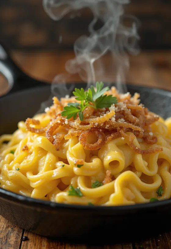 Käsespätzle, österrikisk ostpasta med rökt skinka och stekt lök