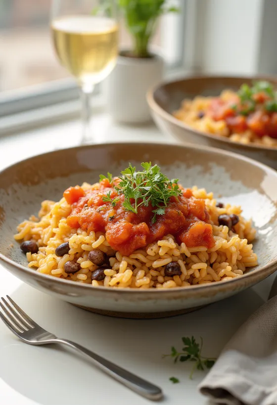 Egyptisk rätt av ris, linser och makaroner i rik kryddig olivolja och tomatsås