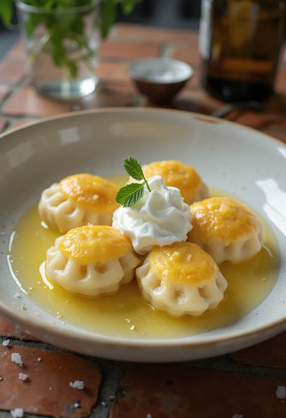 Ryska pelmeni med kvarg serverad med gräddfil