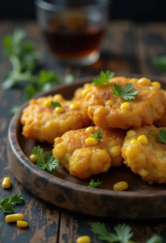Pakora med majs, gyllenbruna och krispiga bitar serverade