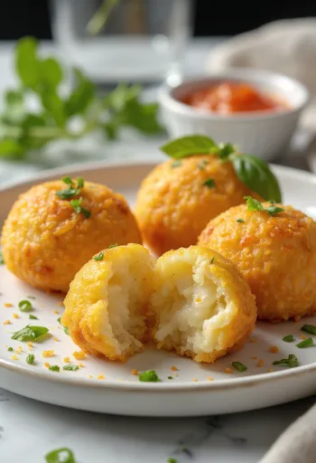 Arancini risbollar serverade med tomatsås