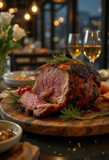 Ugnsstekt vildsvin med honungsglaze serverad med rostade grönsaker.