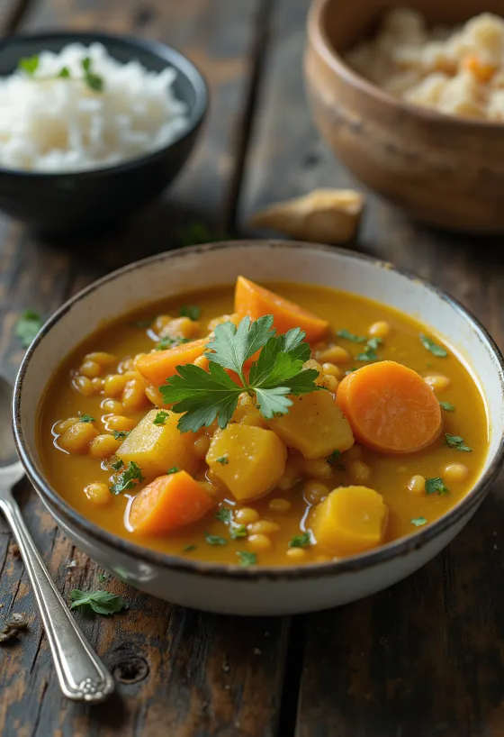 Sambar med kokos, dekorerad med färsk koriander