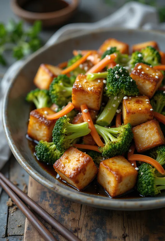Stekt tofu med broccolisallad serverad