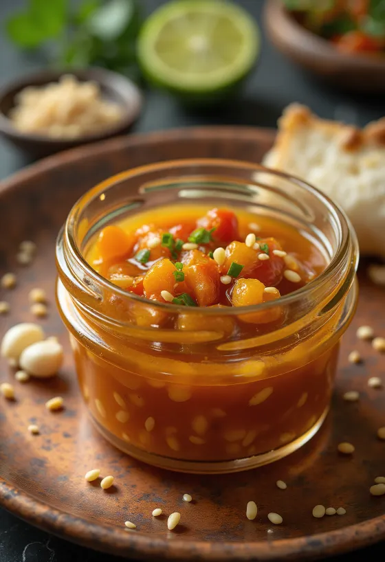 Sesam-, chili- och limesås serverad