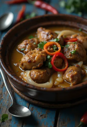 Adobo med kokosmjölk, rik, kryddig rätt serverad med ris och koriander