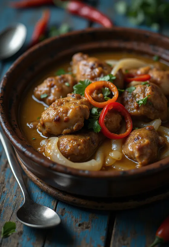 Adobo med kokosmjölk, rik, kryddig rätt serverad med ris och koriander
