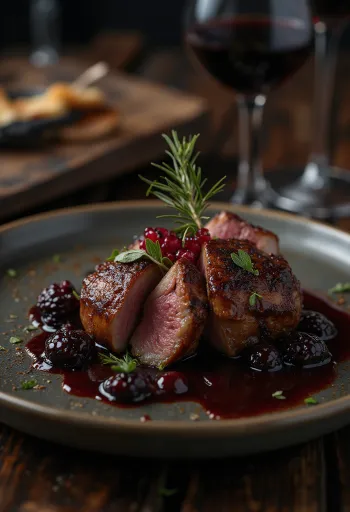 Antilopmedaljonger med rödvinssås serverade med grönsaker