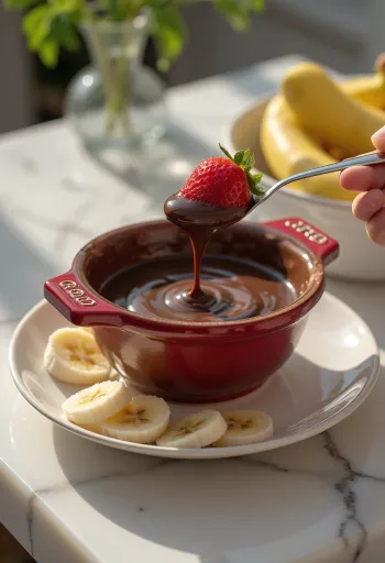 Varm chokladfondue serverad med frukt och kexbitar.