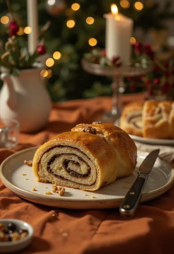 Nygäddade skivor av valnötsrulle.