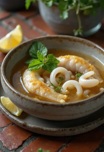 Psarosoupa fisksoppa med mjuka bläckfiskringar och grönsaker