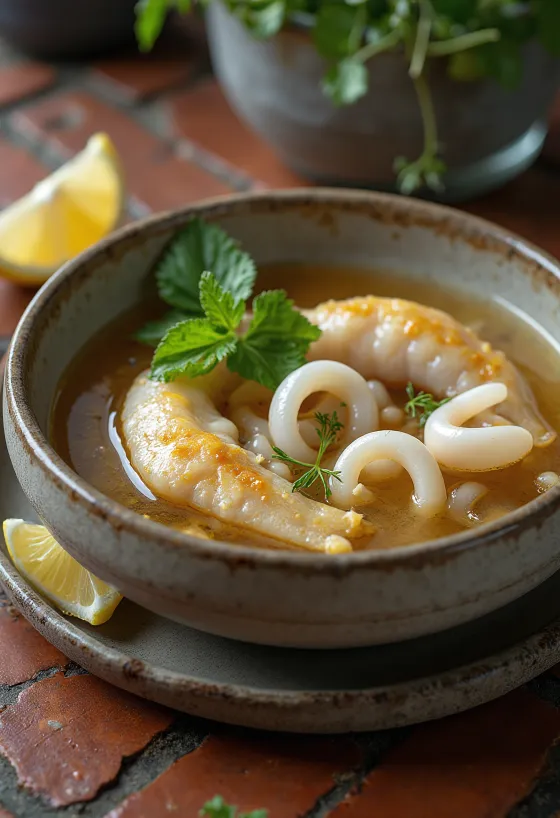 Psarosoupa fisksoppa med mjuka bläckfiskringar och grönsaker