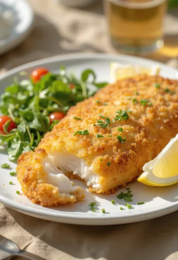 Krispig panerad fiskfilé stekt gyllenbrun, serverad med färska citronskivor och grönsaker.