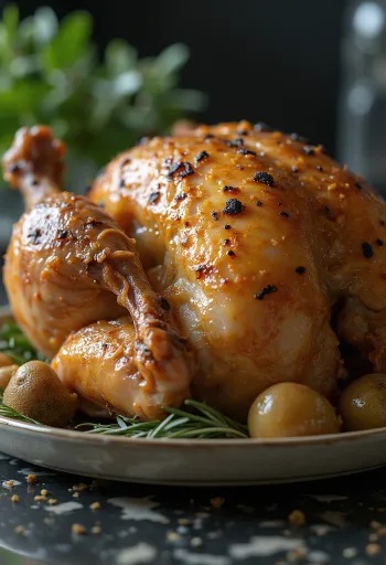 Ugnsstekt kapun med tryffelsmör serverad med rostade grönsaker.