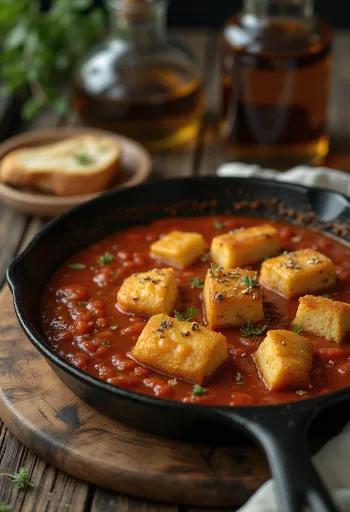 Stekt tofu i kryddig tomatsås serverad