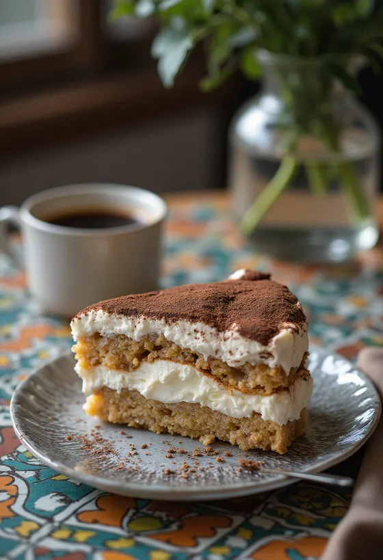 Krämig tiramisutårta med lager av kaffekex och mascarponekräm, pudrad med kakaopulver.