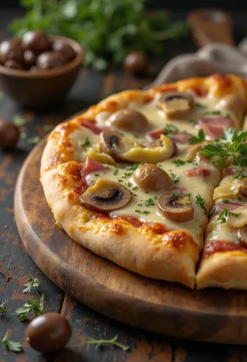 Pizza Capricciosa med rökt ost serverad