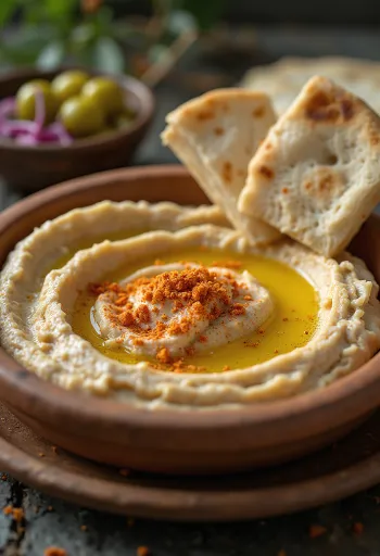 Hummus med silkeslen konsistens, ringlad med olivolja och serverad med pitabröd