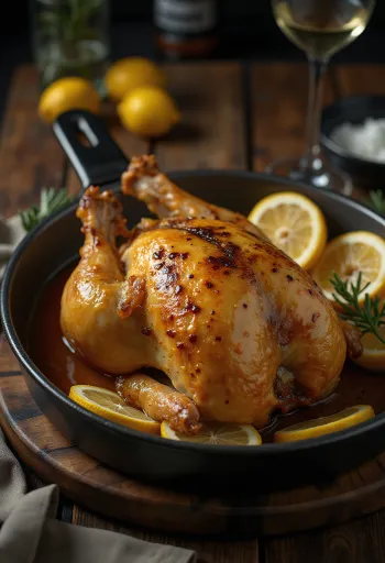 Ugnsstekt pärlhöna med citronglaze serverad med grönsaker.