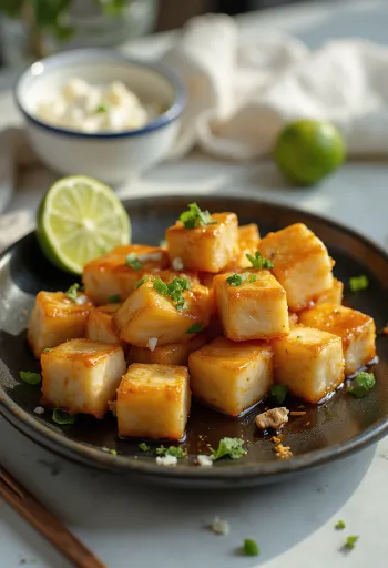 Stekt tofu med limemarinad serverad