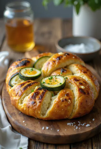 Pretzels med grillade grönsaker serverade