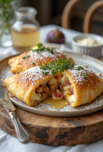 Calzone med getost och honung serverad