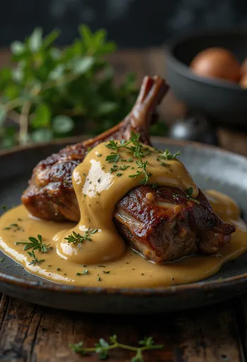 Ugnsstekt hare med senapssås serverad elegant.