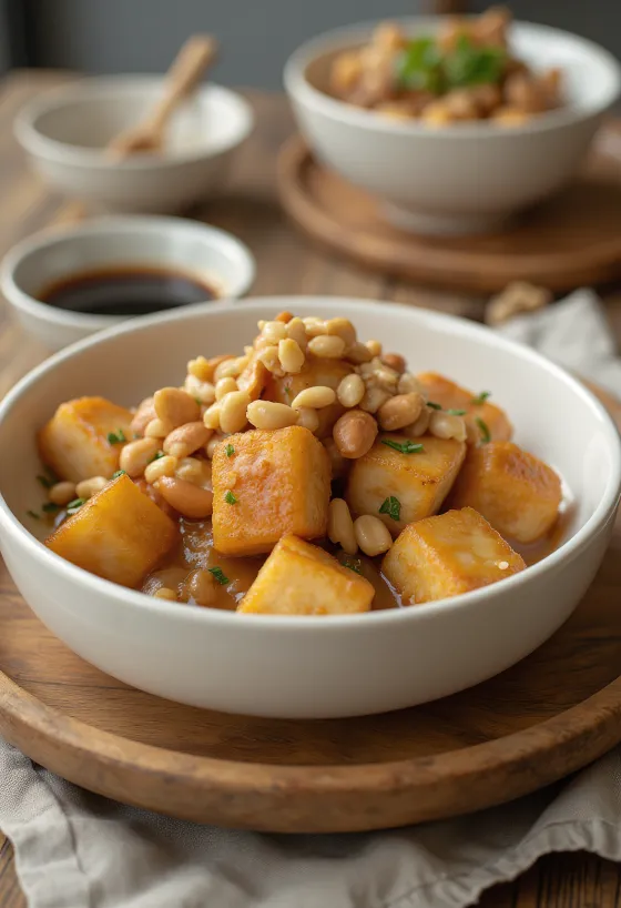 Stekt tofu i jordnötsmarinad serverad