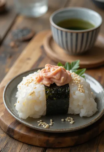 Tonfisk- och majonnäsonigiri, triangelformad, strödd med sesamfrön, med noriblad