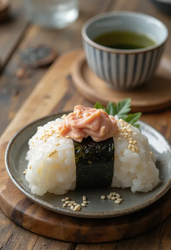 Tonfisk- och majonnäsonigiri, triangelformad, strödd med sesamfrön, med noriblad