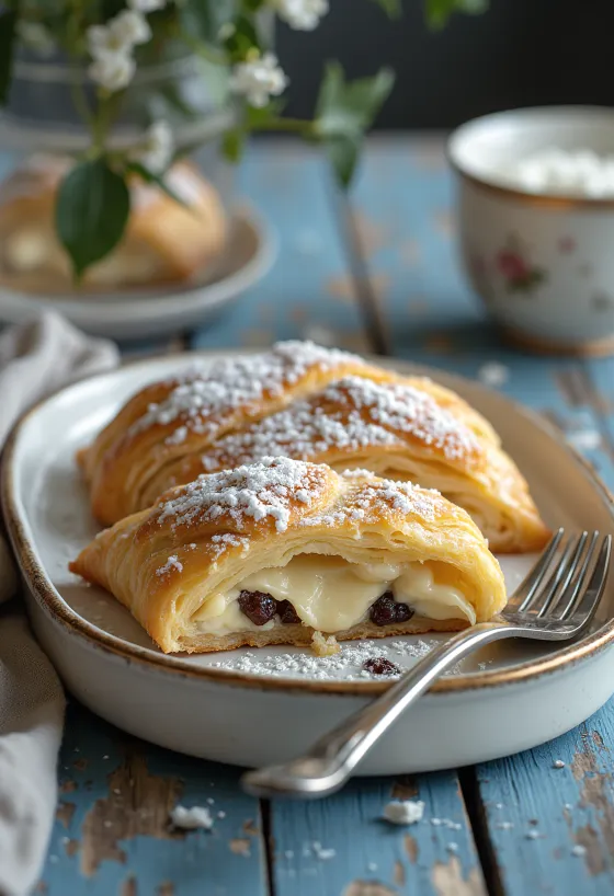 Gyllenbrun gräddad kvargstrudel, pudrad med florsocker