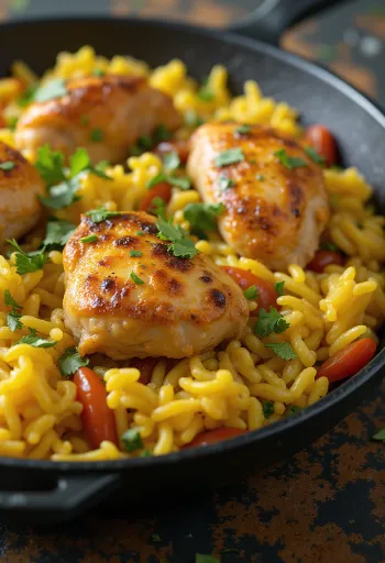 Arroz con Pollo, kryddig kyckling med ris serverad med koriander