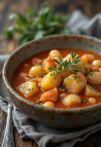 Tjock vit bönsoppa med grönsaker och olivolja i en djup tallrik